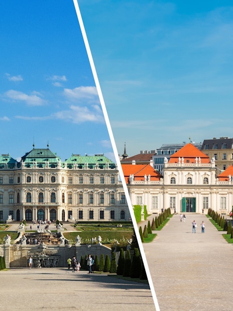 Upper Belvedere and gardens in Vienna, Austria, showcasing Baroque architecture.
