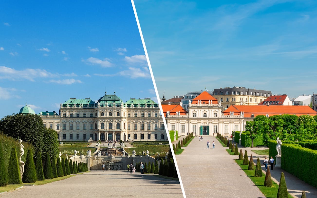 Upper Belvedere and gardens in Vienna, Austria, showcasing Baroque architecture.