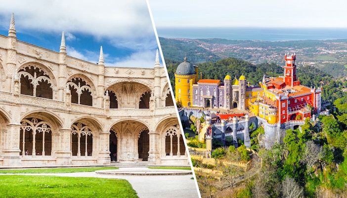 Monastery interior in Portugal with ornate arches and detailed stone carvings.