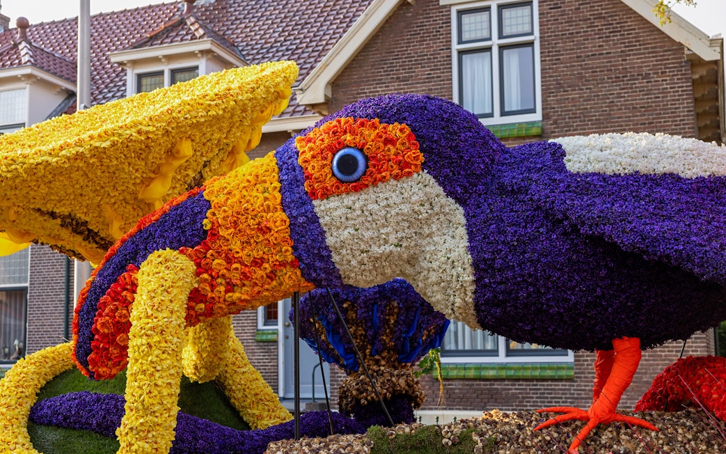 Toucan sculpture made of tulips and hyacinths in front of a brick building.