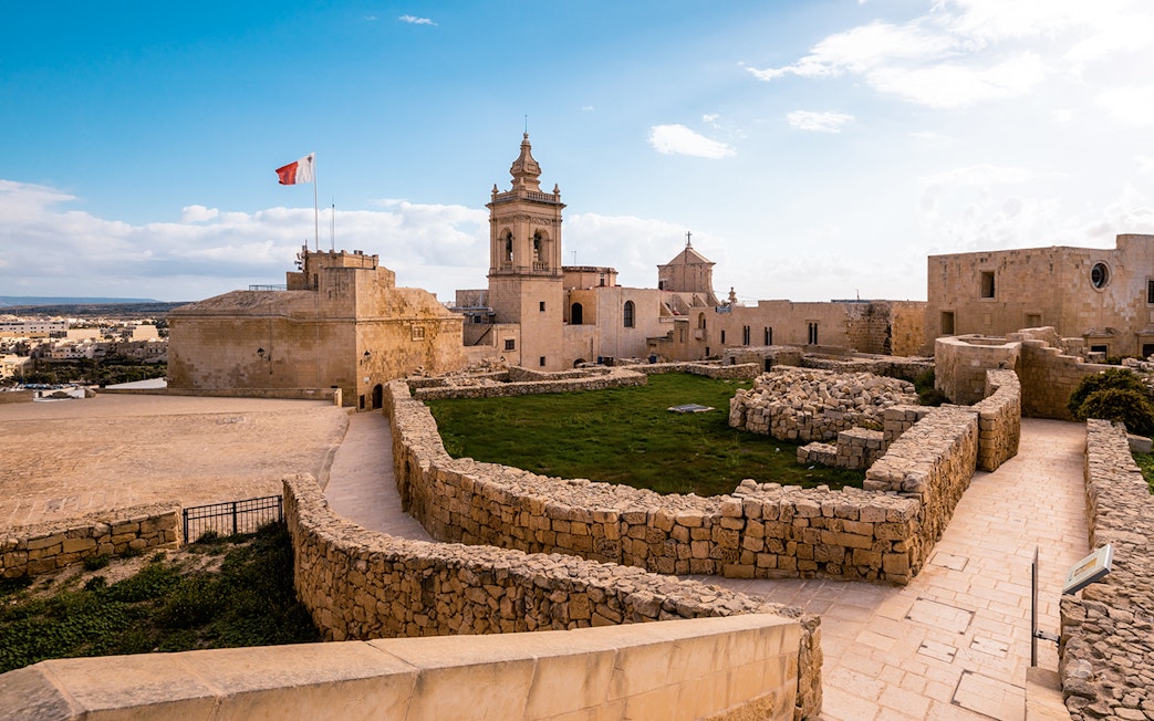 Citadel of Victoria with stone walls and tower on Gozo, Malta.