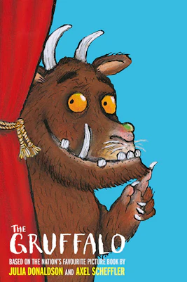 Gruffalo character peeking from red curtain, promoting West End show.