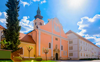 Street view of the Catholic Church of Assumption of Virgin Mary in Varazdin, Croatia.
