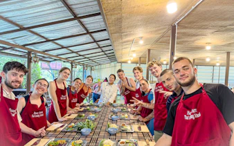 Participants in a Thai cooking class at Baan Farm Thai Cooking School, Chiang Mai.