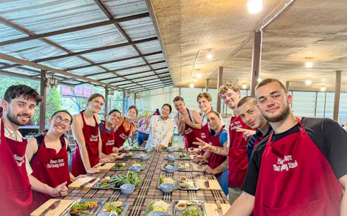 Participants in a Thai cooking class at Baan Farm Thai Cooking School, Chiang Mai.