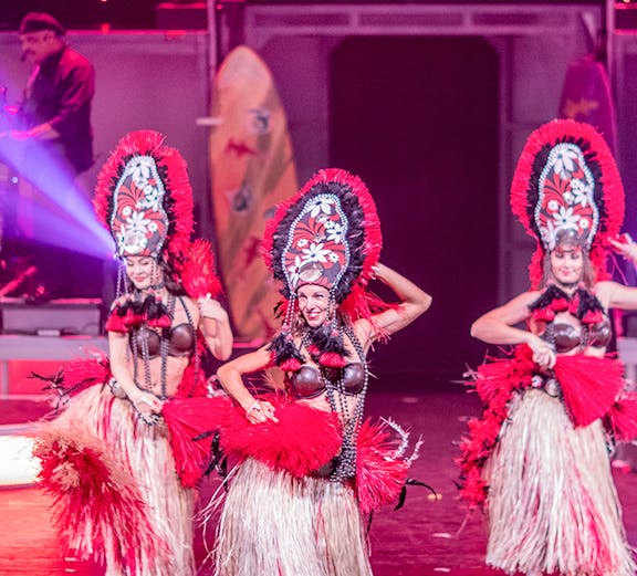 Dancers performing in traditional costumes at Rock-A-Hula Show, Honolulu.