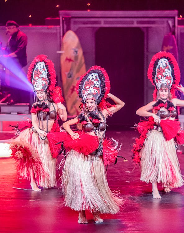 Dancers performing in traditional costumes at Rock-A-Hula Show, Honolulu.