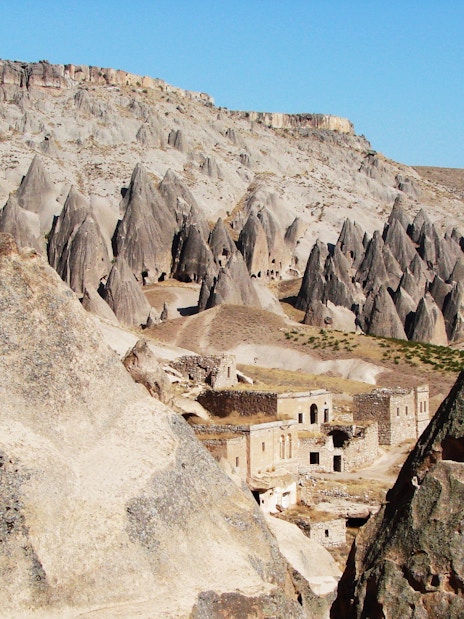 Unique rock formations and ancient dwellings in Selime, Cappadocia, Turkey.