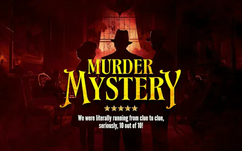 Brussels Murder Mystery game poster with silhouettes of three people in a dimly lit room.