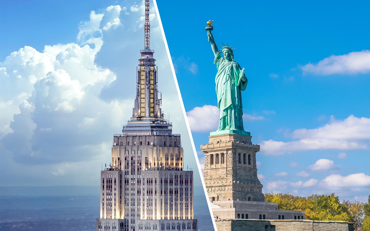 Empire State Building and Statue of Liberty in New York City.