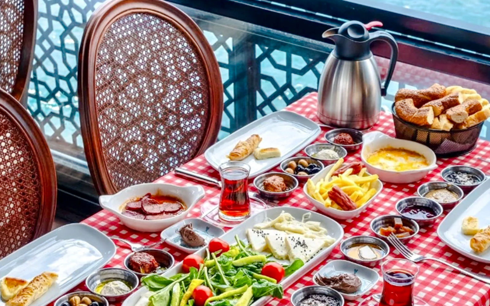 Turkish breakfast spread on a table at Le Vapeur Magique, overlooking the Bosphorus.