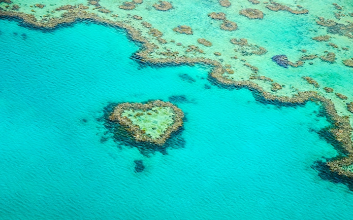 Aerial view of Heart Reef in the Whitsundays, Great Barrier Reef, Australia.