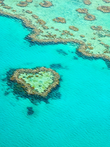 Aerial view of Heart Reef in the Whitsundays, Great Barrier Reef, Australia.