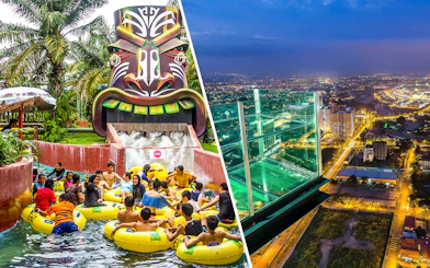 A'Famosa Melaka water park ride and view from The Shore Sky Tower in Melaka at night.