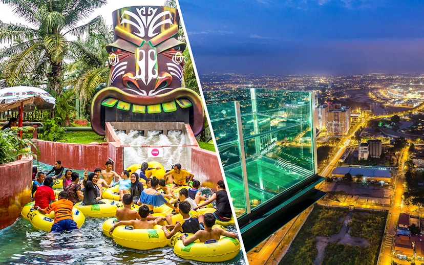 A'Famosa Melaka water park ride and view from The Shore Sky Tower in Melaka at night.