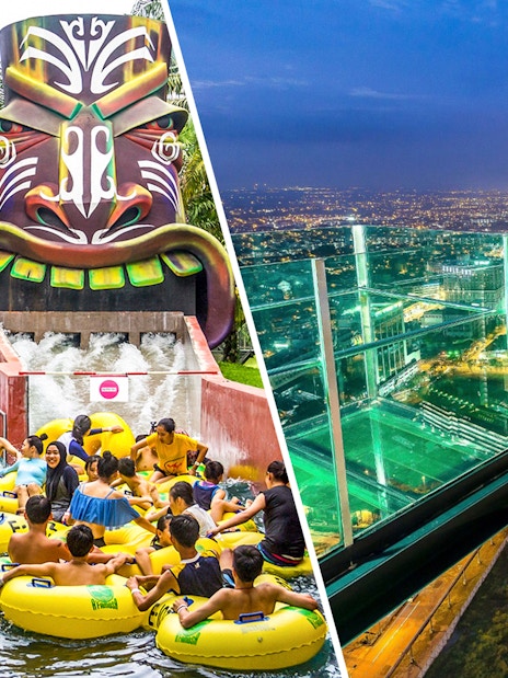 A'Famosa Melaka water park ride and view from The Shore Sky Tower in Melaka at night.