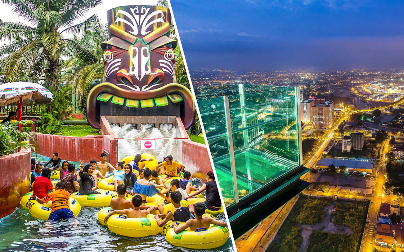 A'Famosa Melaka water park ride and view from The Shore Sky Tower in Melaka at night.