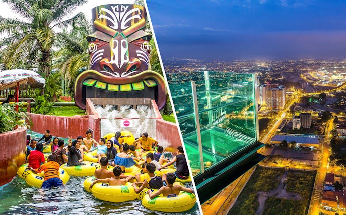 A'Famosa Melaka water park ride and view from The Shore Sky Tower in Melaka at night.