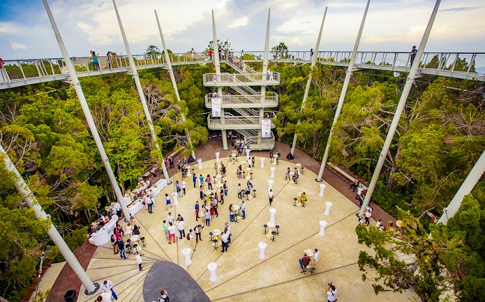 Guests at Habitat Penang Hill exploring canopy walk and central plaza.