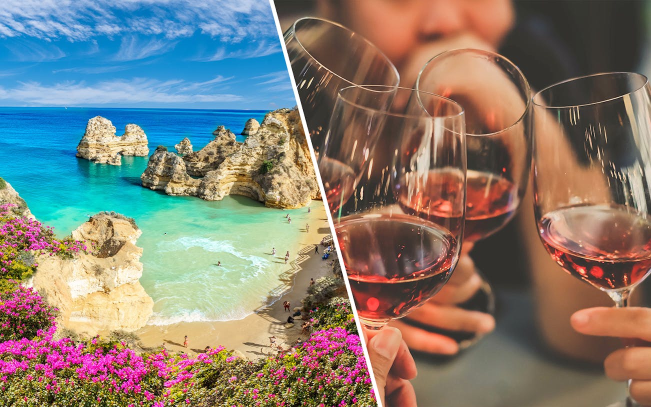 Algarve coastline with cliffs and beach, wine glasses toasting at a winery.