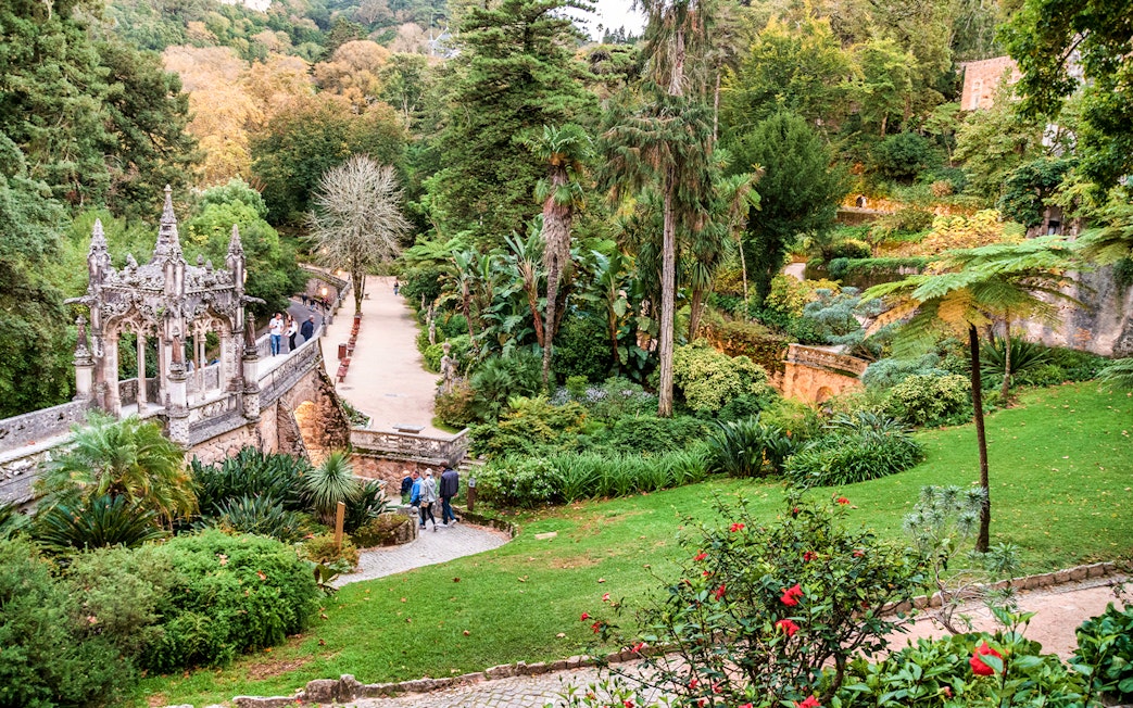 Quinta da Regaleira garden path with stone steps and lush greenery, Sintra, Portugal.