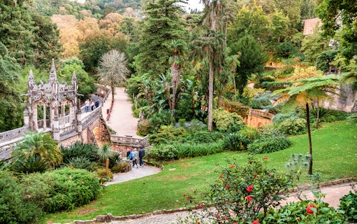 Quinta da Regaleira garden path with stone steps and lush greenery, Sintra, Portugal.