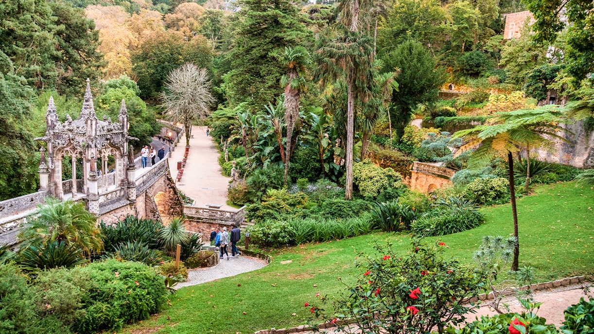 Quinta da Regaleira garden path with stone steps and lush greenery, Sintra, Portugal.