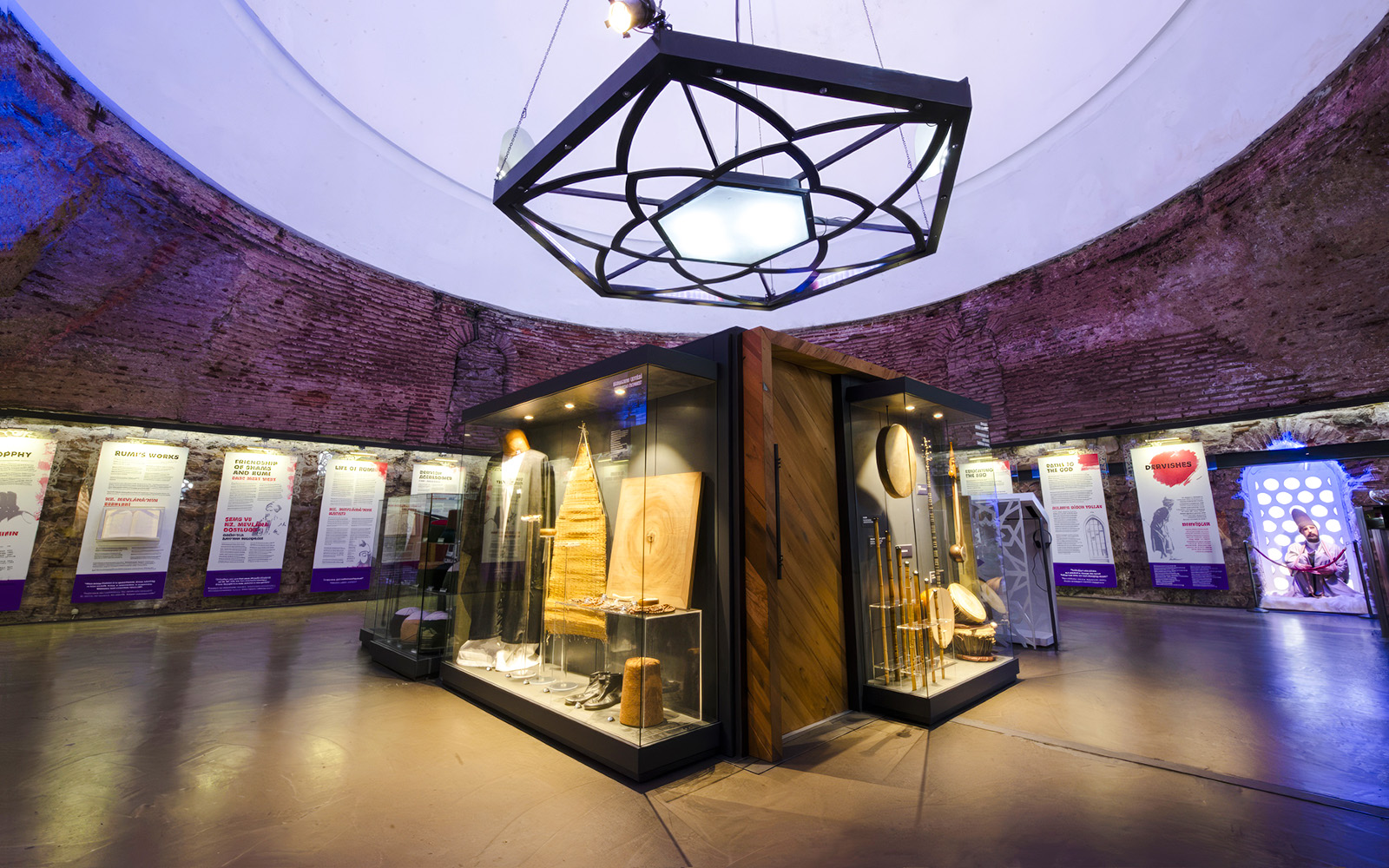 Exhibition hall with displays of traditional Dervish attire and instruments at Hodjapasha, Istanbul.