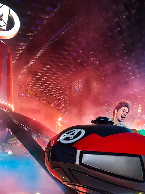 Visitors enjoying a thrilling ride at IMG Worlds of Adventure indoor theme park.