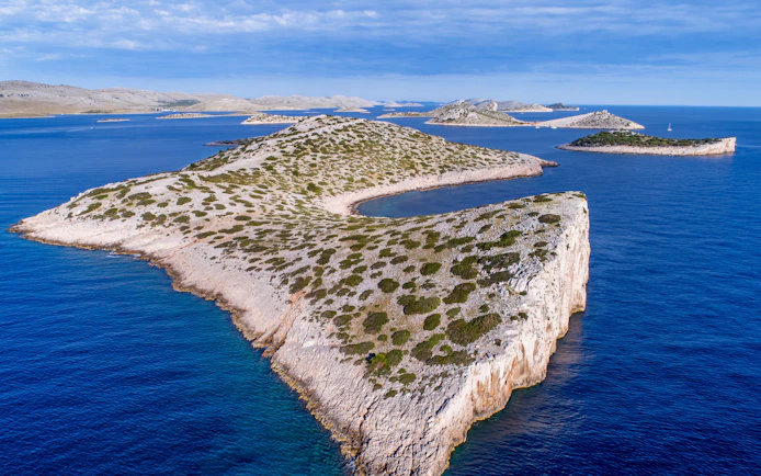 Panoramic aerial view of Kornati Islands National Park, rocky landscape in Dalmatia, Croatia.