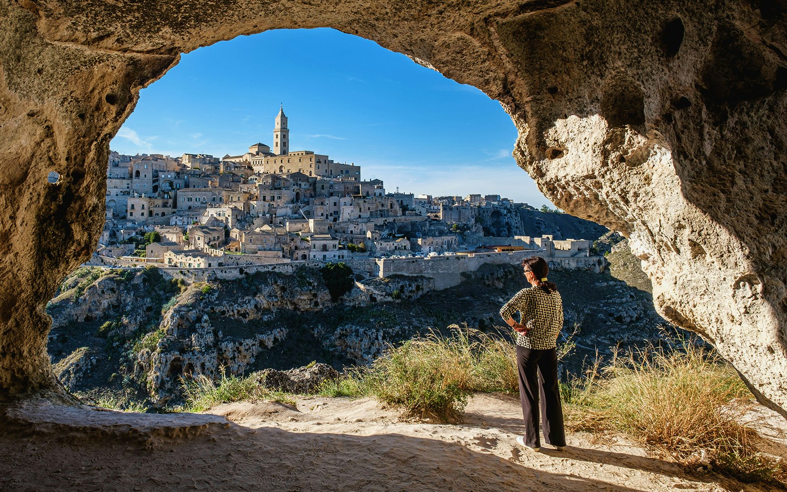Matera cityscape viewed from a cave during a guided tour.