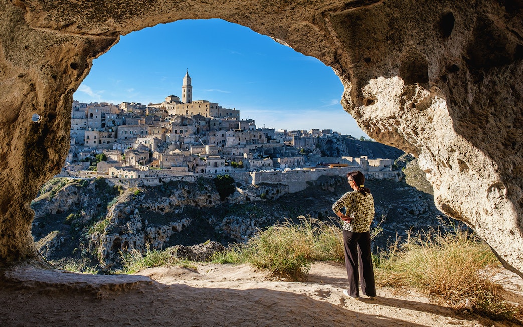 Matera cityscape viewed from a cave during a guided tour.