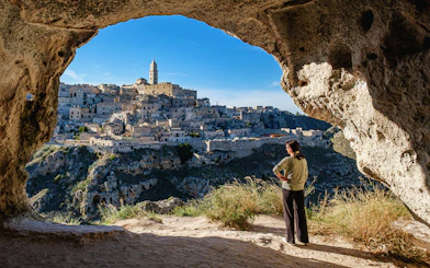 Matera cityscape viewed from a cave during a guided tour.
