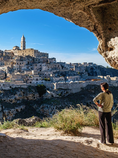 Matera cityscape viewed from a cave during a guided tour.