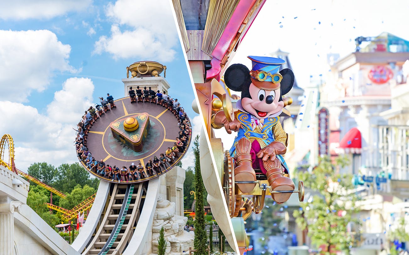 Astérix Park ride and Disneyland Paris parade with character.