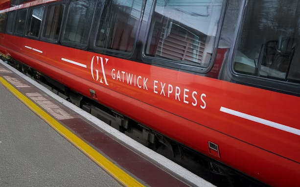 Gatwick Express train at platform for Gatwick Airport day service.