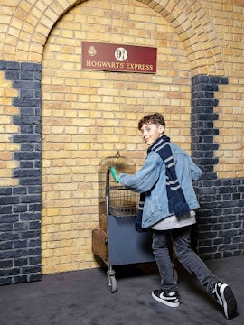 Tourist pushing trolley at Platform 9¾, Harry Potter set, London.