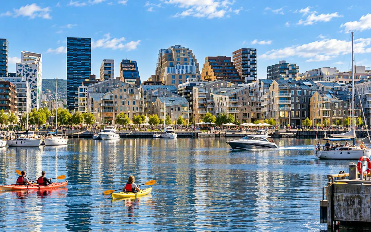 Kayakers on Oslo waterfront with modern buildings in the background.