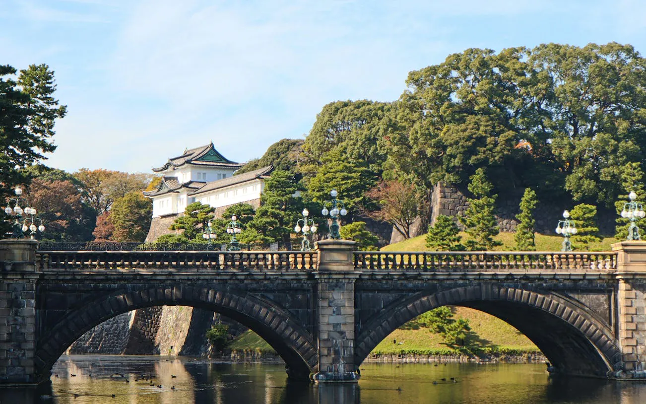 Tokyo Imperial Palace East Gardens with stone bridge and lush greenery.