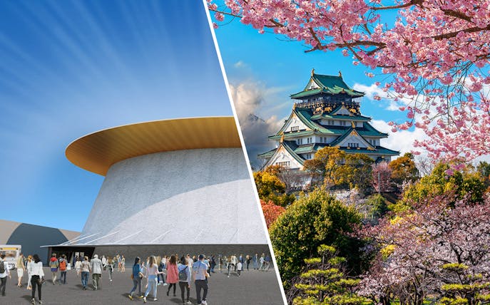 Osaka Expo pavilion and Osaka Castle with cherry blossoms.