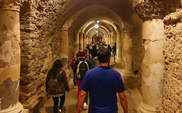 Tour group exploring ancient Roman catacombs with stone columns and arched ceilings.