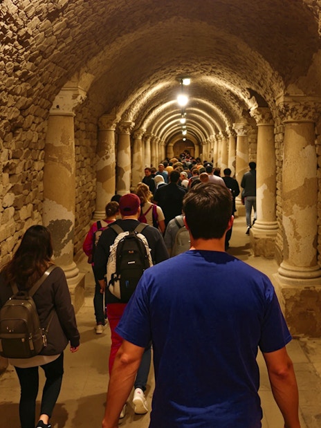 Tour group exploring ancient Roman catacombs with stone columns and arched ceilings.