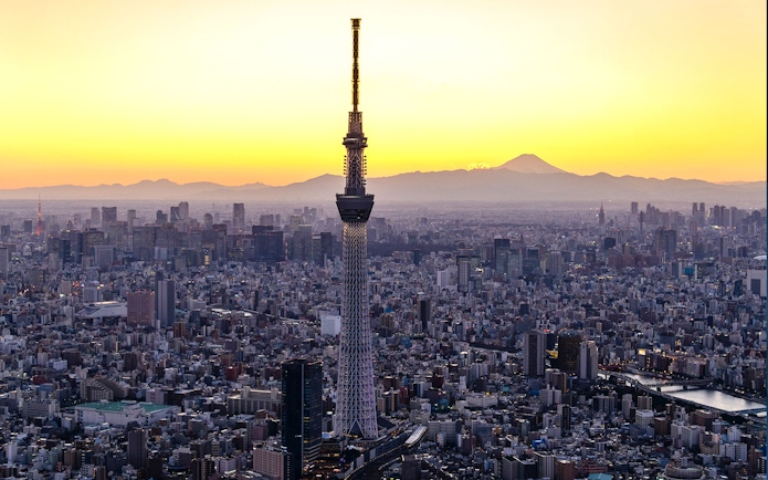 Tokyo Skytree at sunset with cityscape and Mount Fuji in the background.