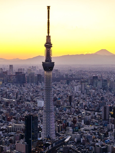 Tokyo Skytree at sunset with cityscape and Mount Fuji in the background.