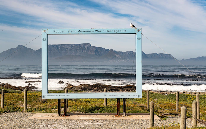 View of Table Mountain from Robben Island, Cape Town, South Africa.