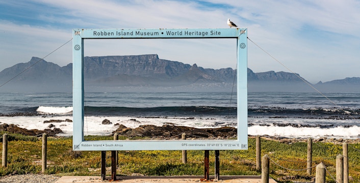 View of Table Mountain from Robben Island, Cape Town, South Africa.