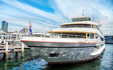 Cruise ship docked in Sydney Harbor for a long lunch 3-course dining experience.