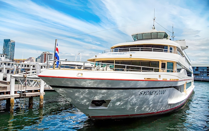 Cruise ship docked in Sydney Harbor for a long lunch 3-course dining experience.