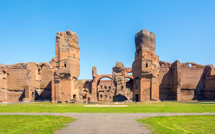 Ruins of the Baths of Caracalla in Rome, showcasing ancient Roman architecture.