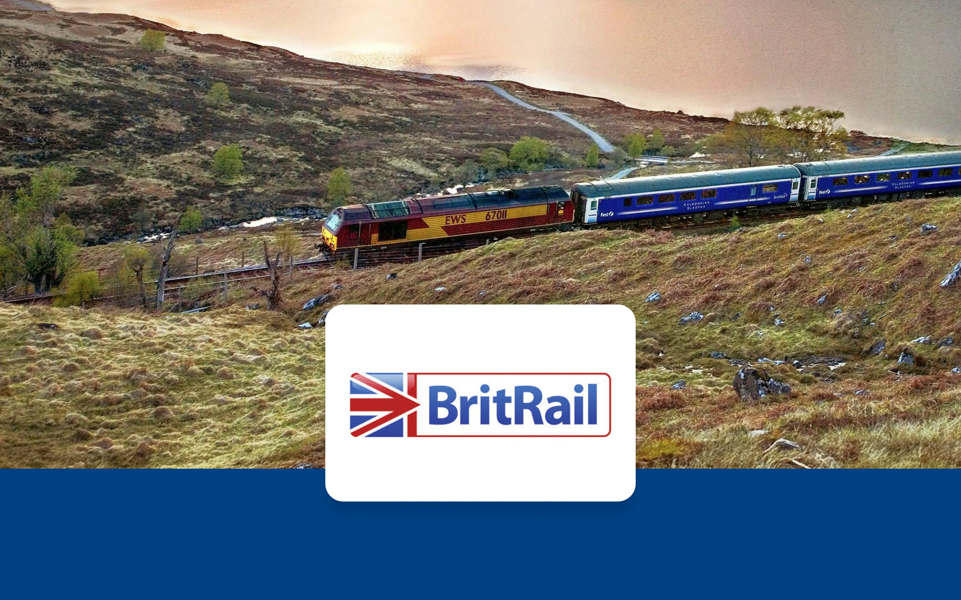 Train traveling through scenic British countryside with BritRail logo.